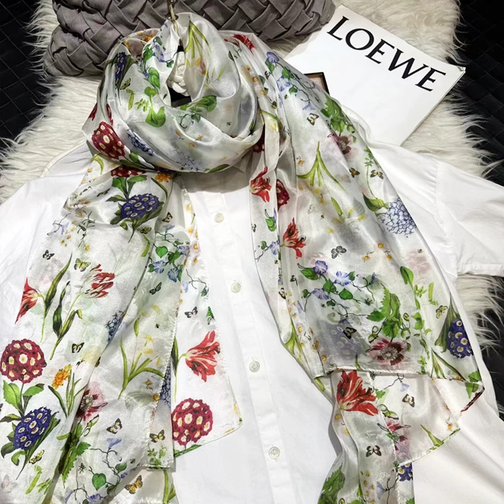 White Mulberry Silk Silk Scarf Fashion Floral Design Silk Scarf Shawl Large Facecloth Apparel Accessories Women Long Scarf Cape