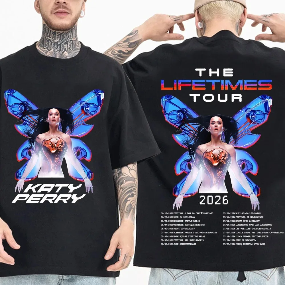 Camiseta da Moda Verão 2026: T-shirt Unissex Katy Perry Lifetime Tour 2026, Estilo Harajuku, Manga Curta, Gola Redonda, Casual, Streetwear