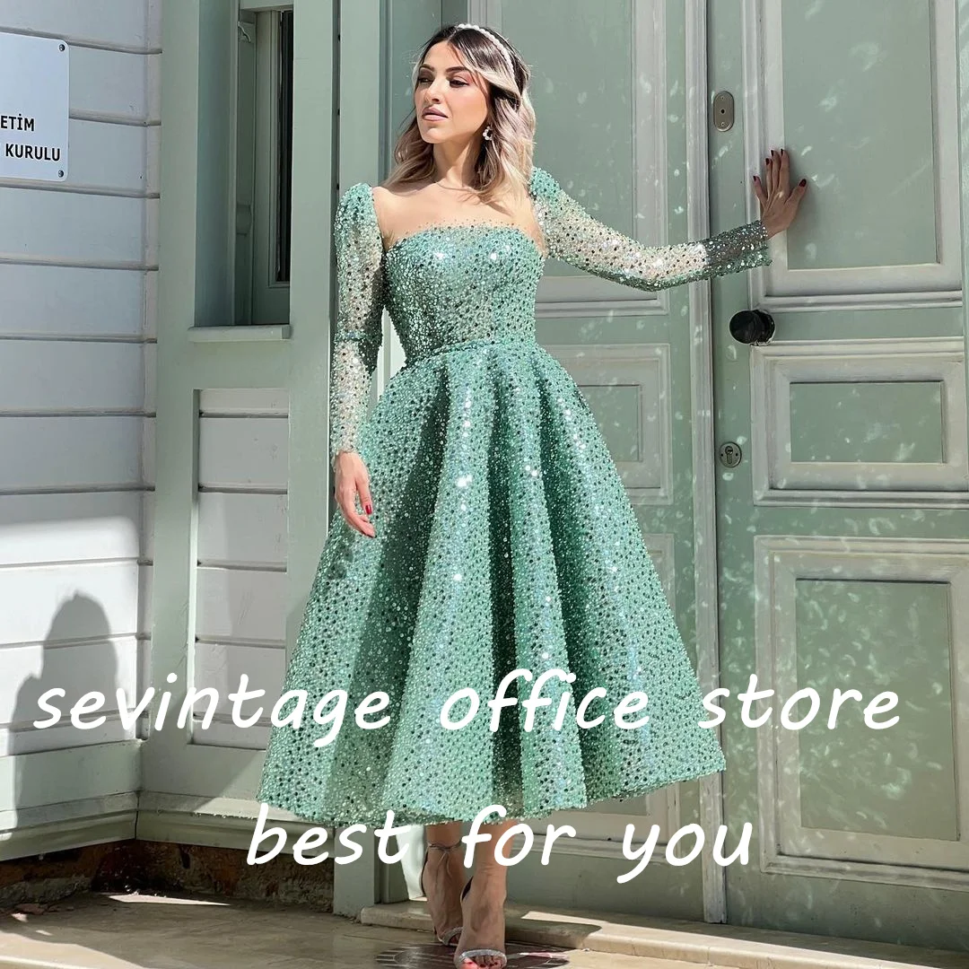 Sevintage Modest Turquoise Sequined Beading Pearls Prom Dresses Long Sleeves A-Line Arabic Muslim Evening Dress Engagement Gowns