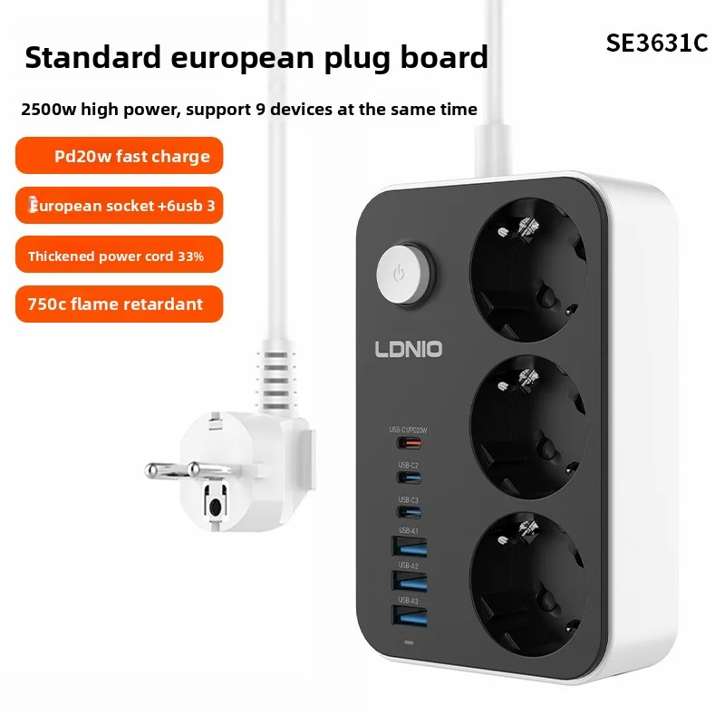 

European Standard 9-Hole Power Socket With Switch For Office And Home Desktop Socket Usb+Type-C Pd20w Fast Charging Ac100-250v