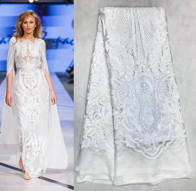 

Hot Sale French Lace 5yards/lot Cheap African Sequins Lace Fabric White High Quality African Tulle Lace Fabric ALC-YJ639