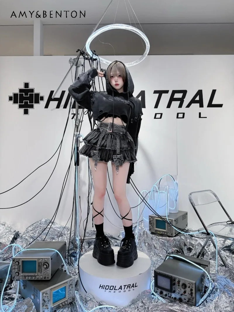 Subculture Mass-Produced Gothic High-Waisted Denim Puff Skirt Japanese Mine Series Gothic Belt Slim Fit Multi-Layer Mini Skirt