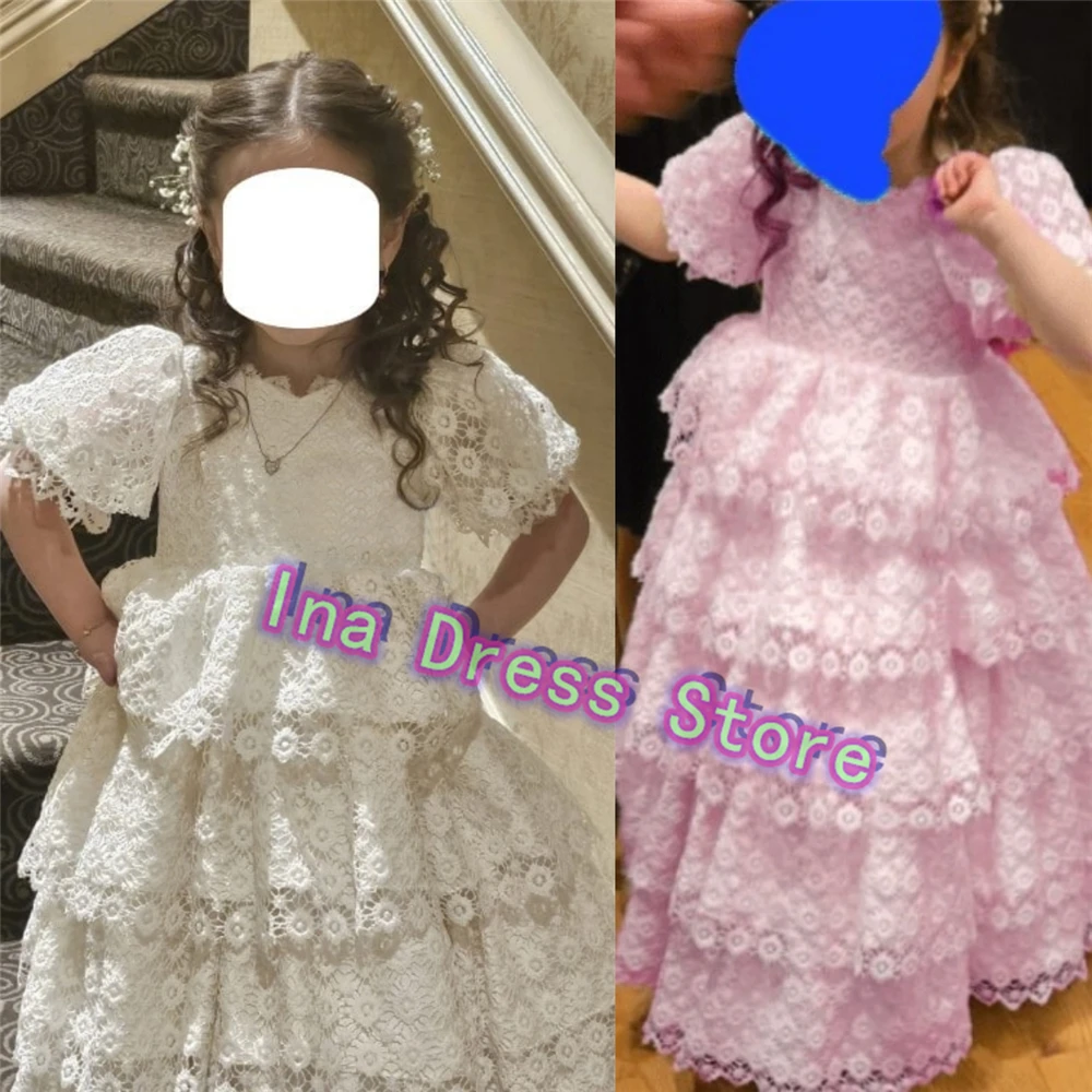 

Lovely White Milk Lace Layered First Communion Gowns Flower Girl Dress Fluffy Little Princess Wedding Kids Girls Birthday Gowns
