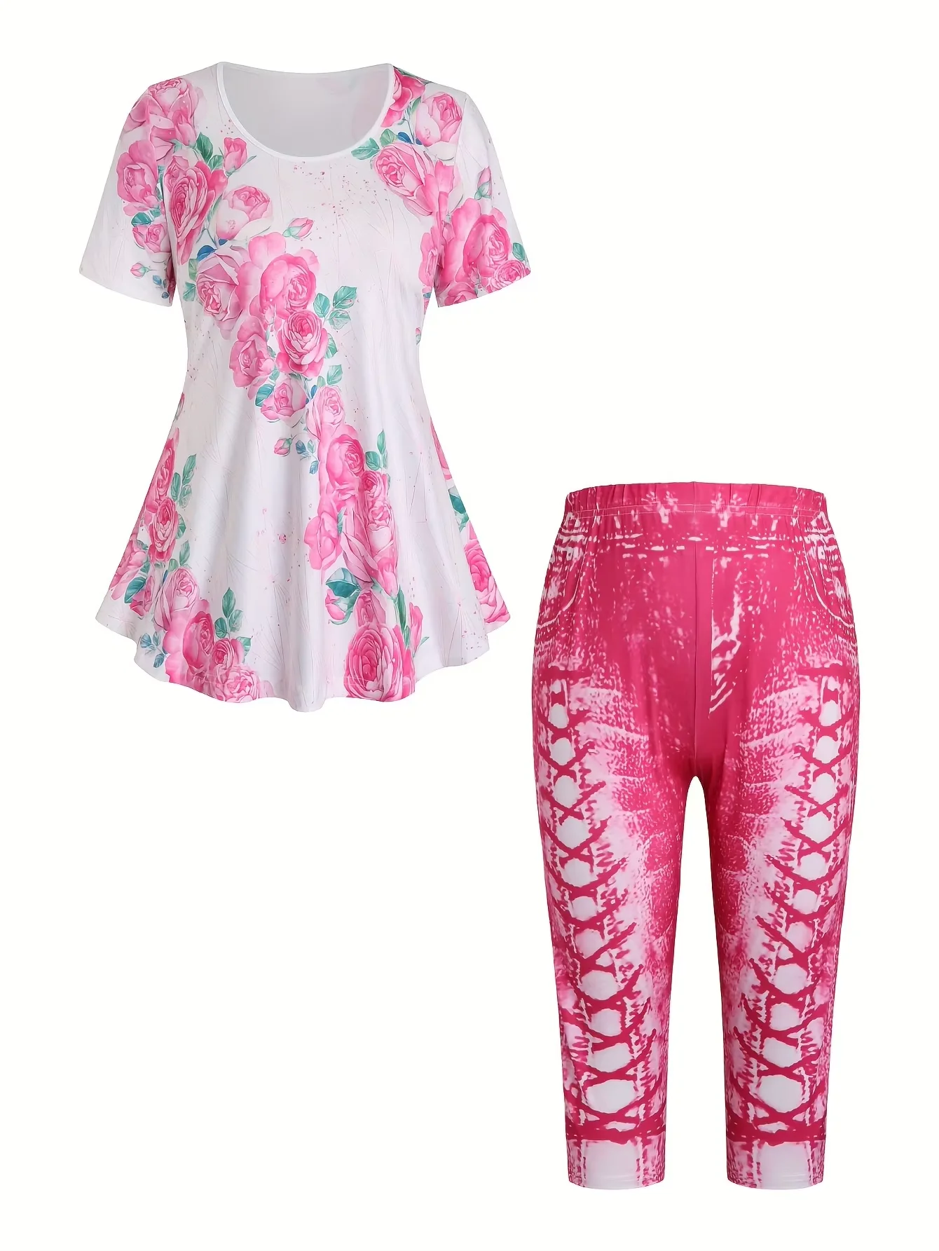 

plus Size Women's Summer Fashion T-Shirt And Cropped Pants Set European American Style Floral Print Casual Two-Piece Suit