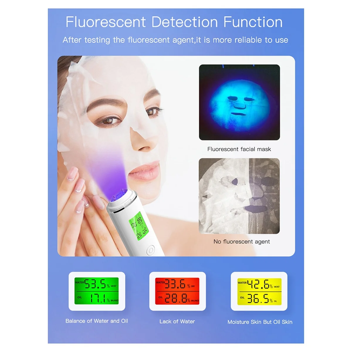 Pelle Acqua Guancia Elastico Misuratore di prova dell'età della pelle Viso Umidità della pelle e Contenuto dell'olio Analizzatore della pelle Rilevatore di agente fluorescente