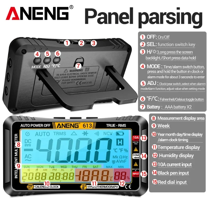 

ANENG 613 Smart Multimeters DC/AC Voltage Capacitor Tester 4000 Counts 10A Current 600V Voltmeter Test Alarm Clock Set Tools
