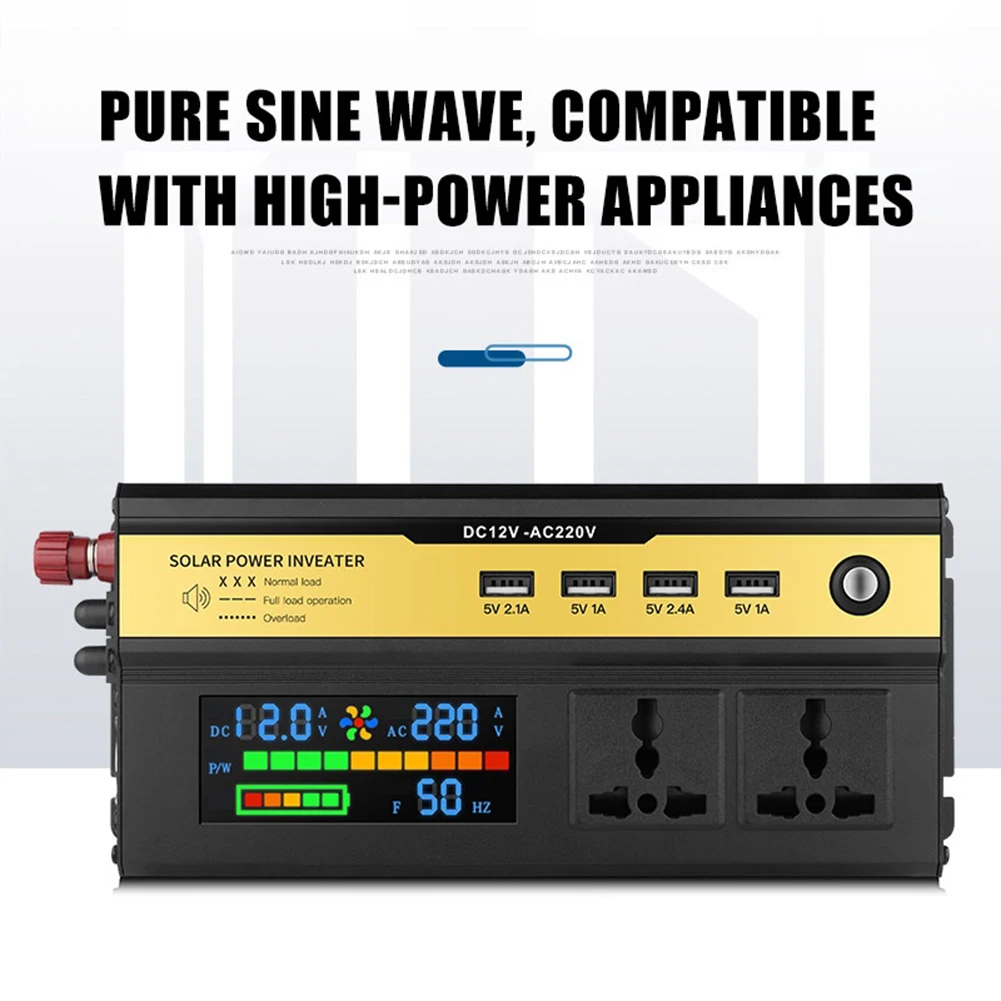 Inversor Solar de repuesto para coche, dispositivo de onda sinusoidal de 12V-220V, con pantalla de batería