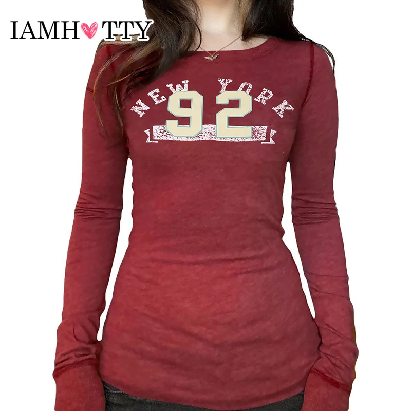 IAMHOTTY American Retro Letter Graphic Print Knitted Top Red Casual Basic Long Sleeve T-shirts Y2K Slim-fitting Tops Fall Spring