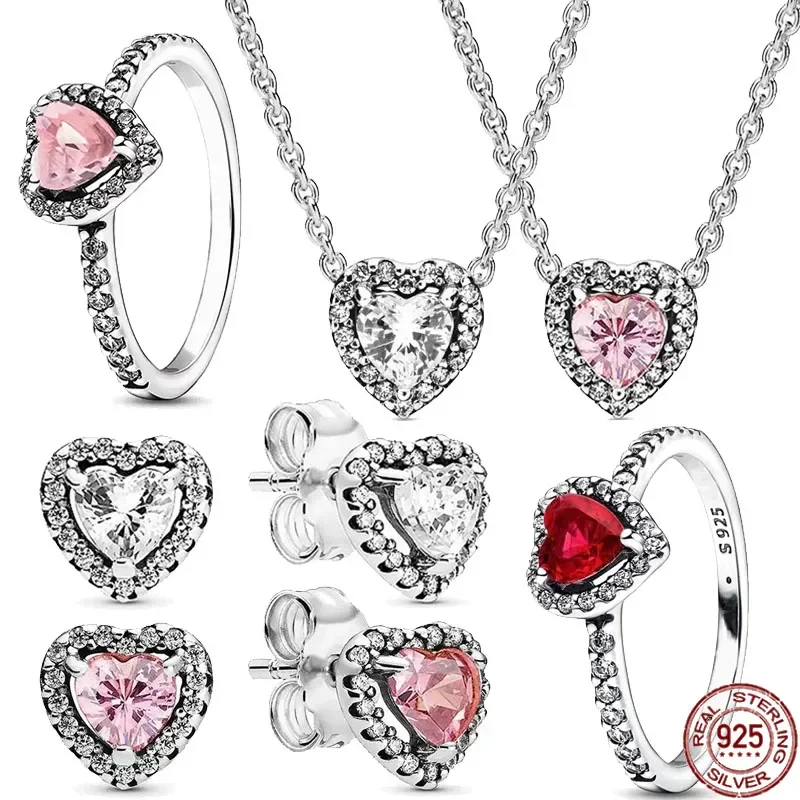 

New 925 Sterling Silver Classic Heart Series Jewelry Exquisite Necklace Ring Earrings Charming Women's Jewelry Set Gift