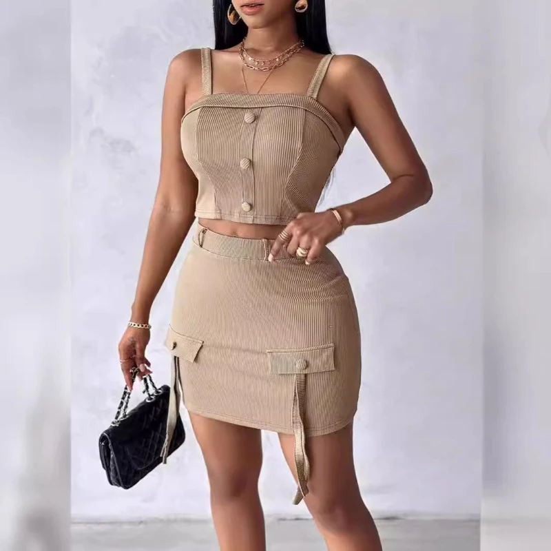

2025 Summer Women's Suit Button Square Neck Camisole Top Skirt Two-piece Set