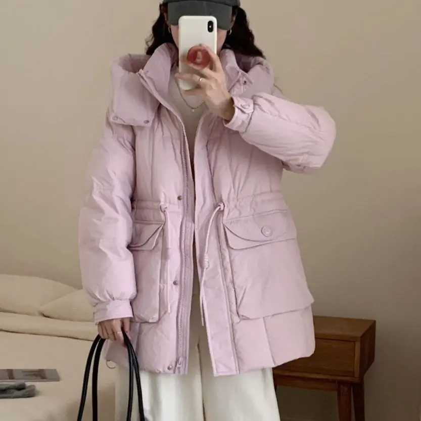 Nueva chaqueta de invierno para mujer, chaqueta de plumón de pato blanco de color caramelo a prueba de viento con capucha para ir al trabajo