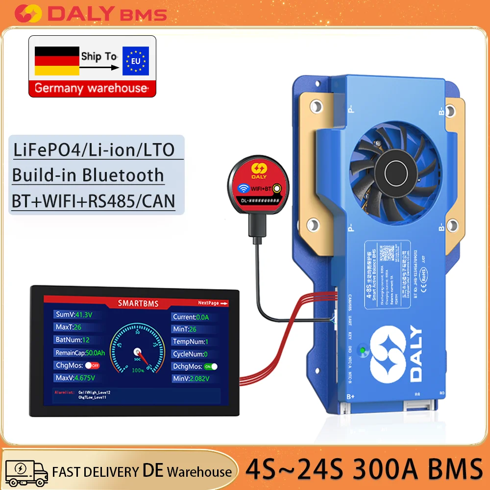 DALY BMS WIFI 300A Smart BMS 4S 12V 8S 24V 1A Active Balance BMS Para Lifepo4 Li-ion LTO Batería RS485 CAN with 4.3inch LCD