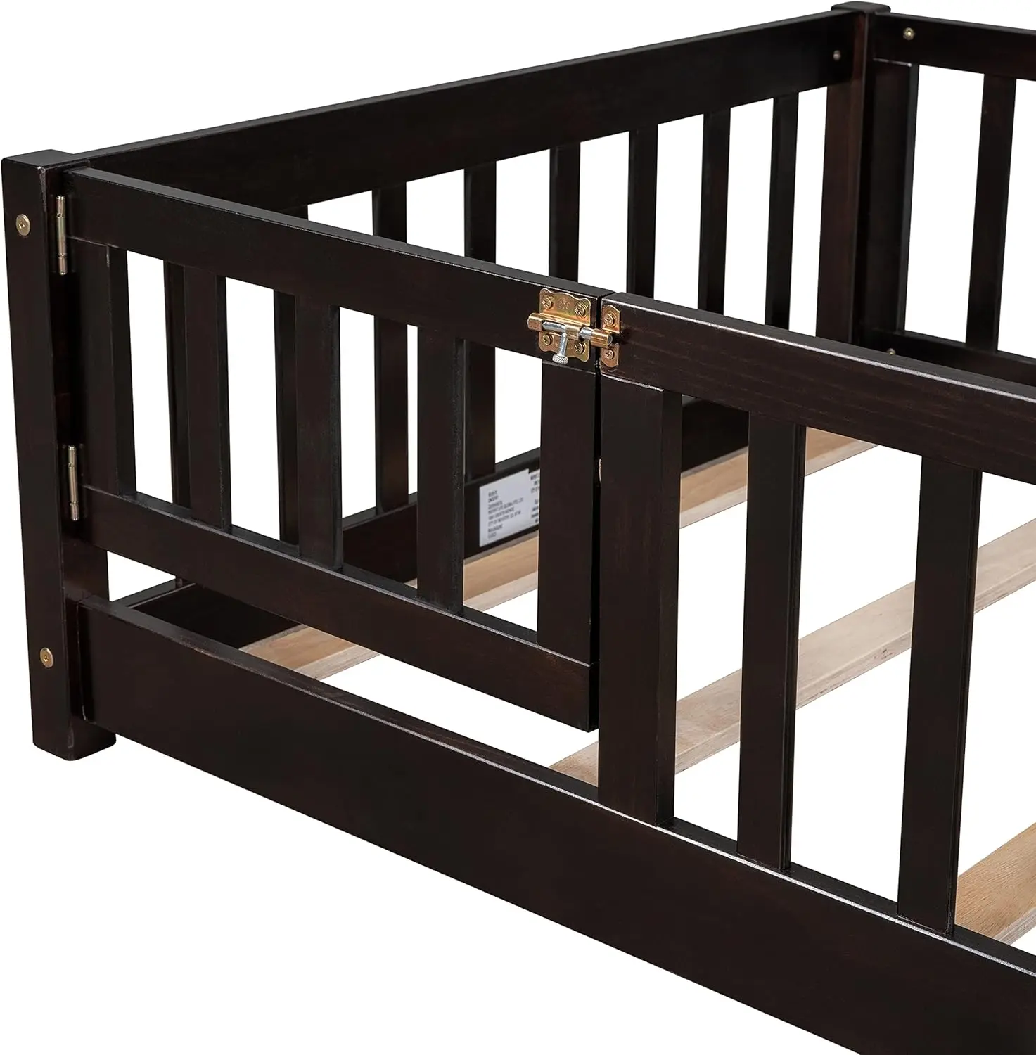 Marco de cama de suelo Montessori con puerta convertible y listones de madera para niños, cama Montessori de madera con barandillas de seguridad para niñas y Bo