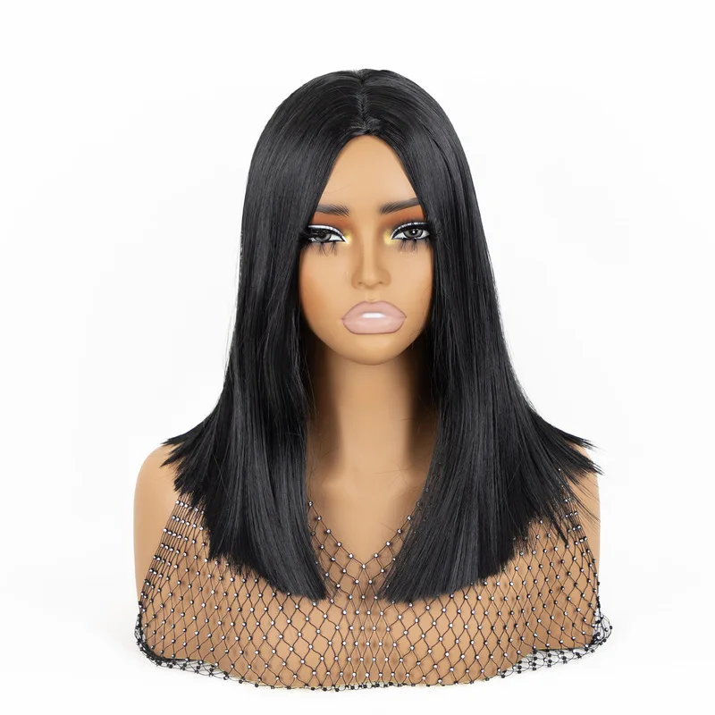 Black straight-cut ponytail wig, popular celebrity style, middle-parted medium-length straight hair, simple and elegant, suitabl