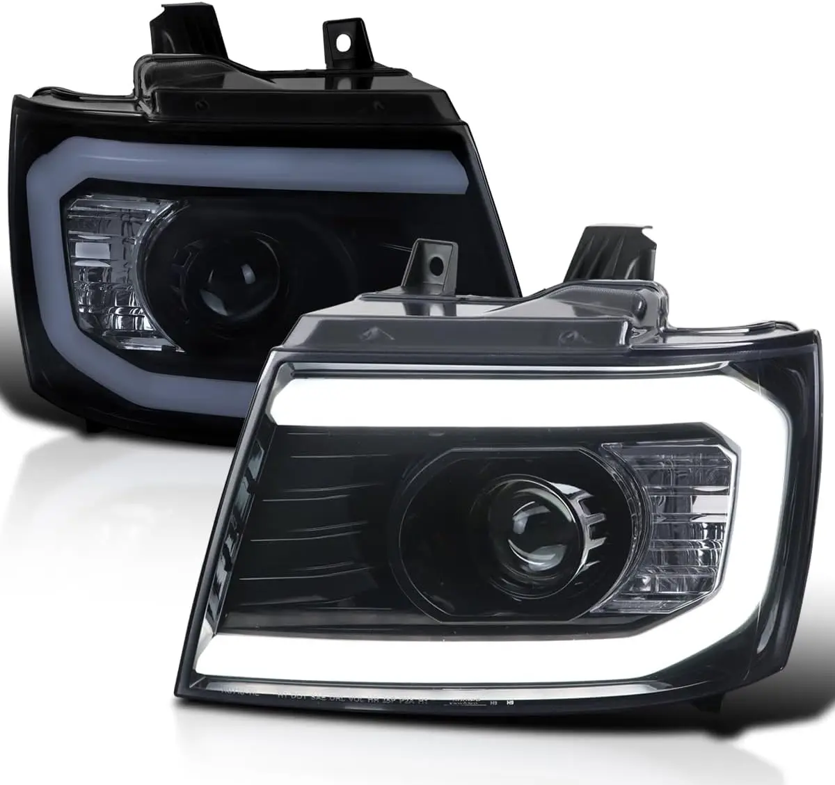 

Glossy Black Smoke DRL LED Strip Projector Headlights Compatible with 2007-2013 Chevy Avalanche, Tahoe, Suburban 1500 2500, Left