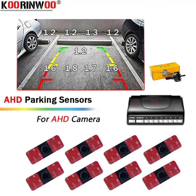 

Koorinwoo Car Parktronics AHD System 16.5mm Flat Parking Sensor 8 Alarm 12V Probes RCA video Can Connect AHD Camera And Monitor