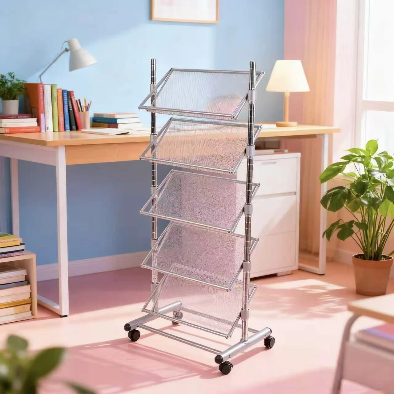 Fixed Height Metal Document Stand 5-Layer Wire Shelf with Castors for Office & Retail Use