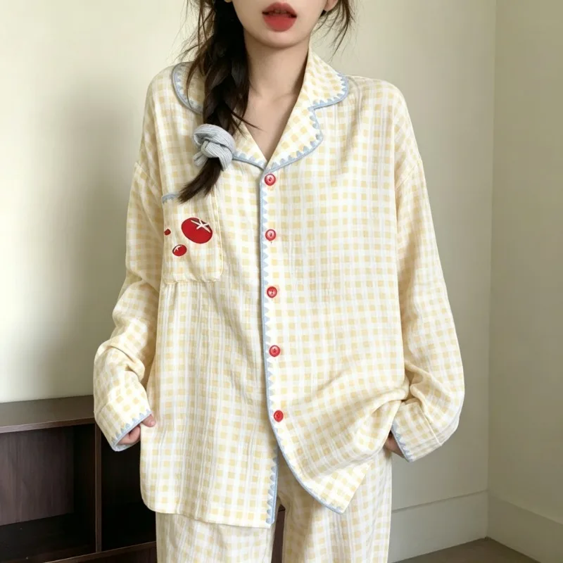 Korean Style Women Pajama Set Spring Fall Simple Print Pattern Lapel Collar Long Sleeve 2‑Piece Soft Ladies Home Sleep Outfit