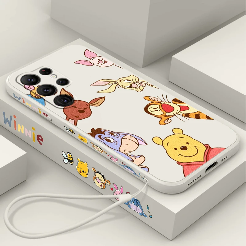 

Cute Pooh Bear Disney Liquid Left Rope For Samsung Galaxy S24 S23 S22 S21 S20 FE S10 Ultra Plus Lite 5G Cover Phone Case