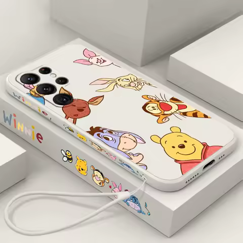 Cute Pooh Bear Disney Liquid Left Rope For Samsung Galaxy S24 S23 S22 S21 S20 FE S10 Ultra Plus Lite 5G Cover Phone Case
