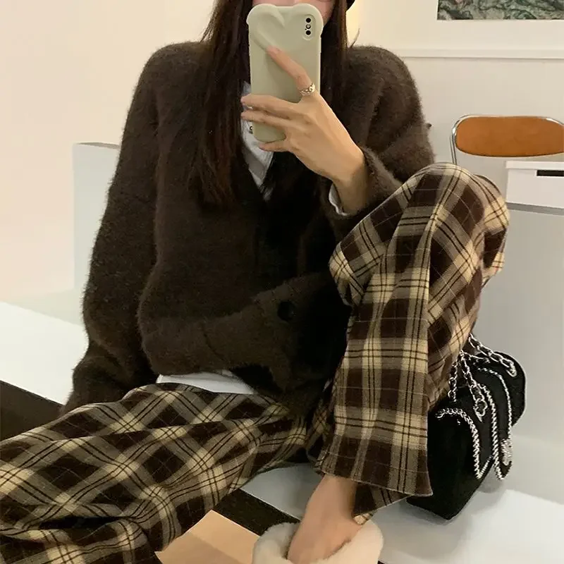 Harajuku Plaid Baggy Pants Women Fashion Wide Leg Trousers Female Casual Loose Straight Drawstring Joggers Streatwear Y2k Large