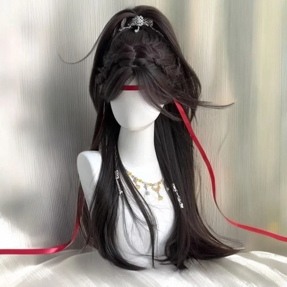 Chinese pruik - zwart steil haar met pony van middendeel, jeugdige hoge paardenstaartstijl, synthetisch haarstukje met volledige dop voor dames