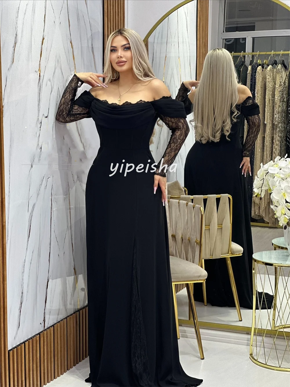 Customized Matching Sexy Jersey Pleat Draped Lace A-line Off-the-shoulder Long Dresses Bespoke Occasion Dresses Elegant Formal
