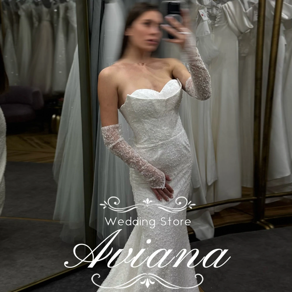 

Aviana Customized Lace Bone Corset A-Line Sweep Train Long Sleevs Lace Up Back Heavy Industry Wedding Dresses Pleats Ruching