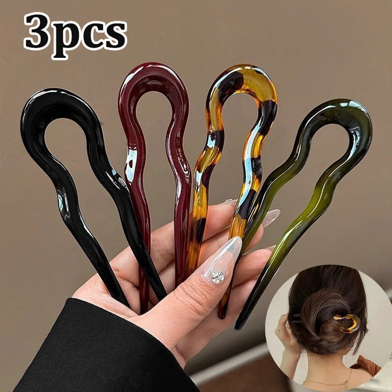 3PCS U-Shaped Hair Fork Fashion Tortoiseshell Acetate Acrylic Hairpin Geometric Design Headwear Hair Sticks Women Girls Headwear