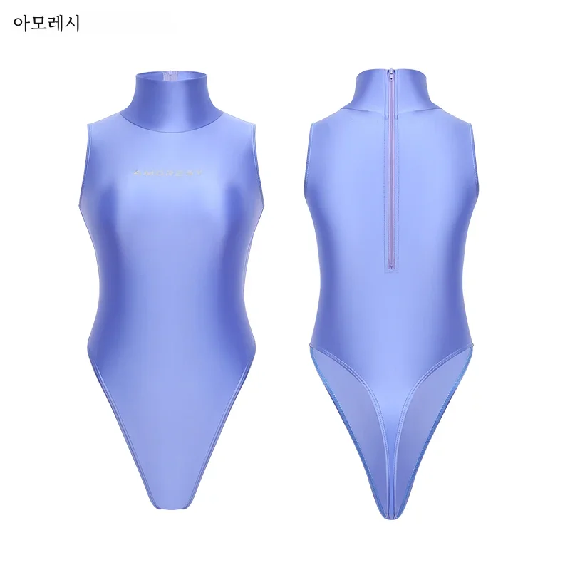 AMORESY High Neck Sleeveless Shiny Glossy Extra High Leg Thong Back Zipper Swimsuit Bodysuit One Piece Swimwear