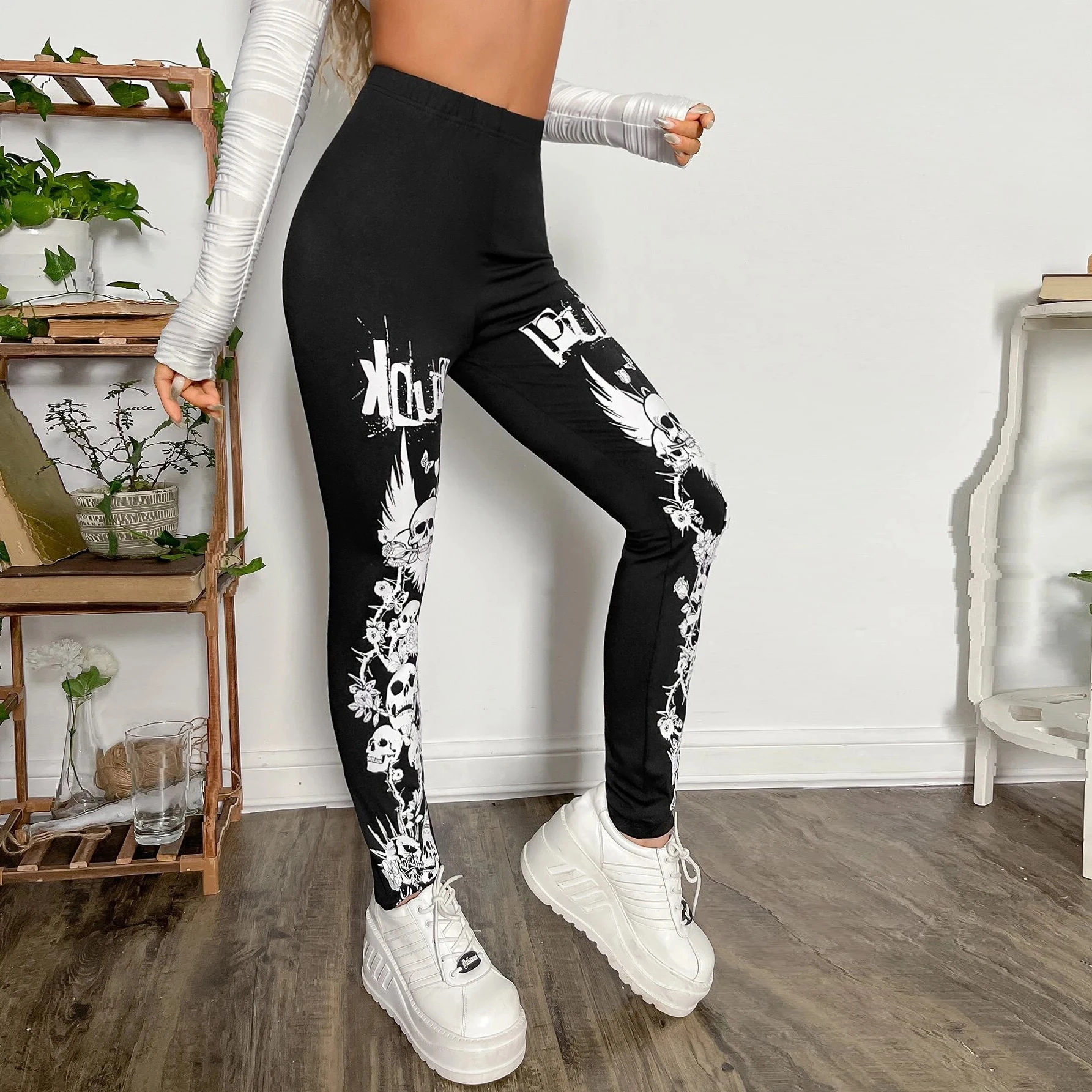 Halloween skull print tight-fitting leggings women with dark Goth style tights solid color slim-fit nine-point pants women