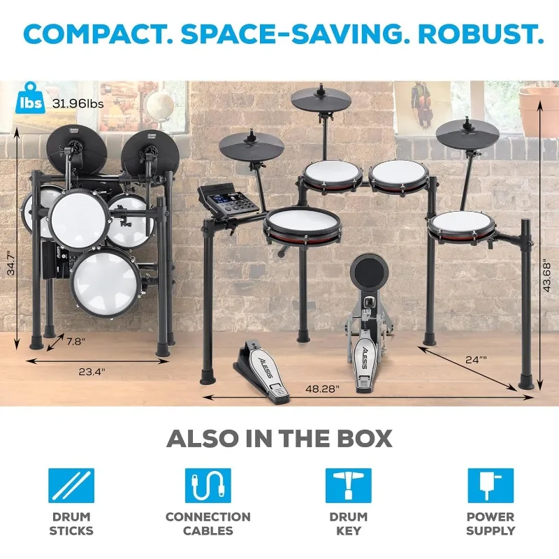 مجموعة طبلة كهربائية Nitro Max Kit مع وسادات شبكية هادئة، منطقة كمين 10 بوصة، بلوتوث، 440+ أصيلة، Drumeo، USB