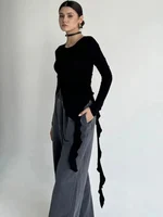Irregular Tassel Women T-shirts Autumn Solid New Full Sleeve O-neck Shirring Slim Tops Female Wild Trend Street Clothing - Image 6