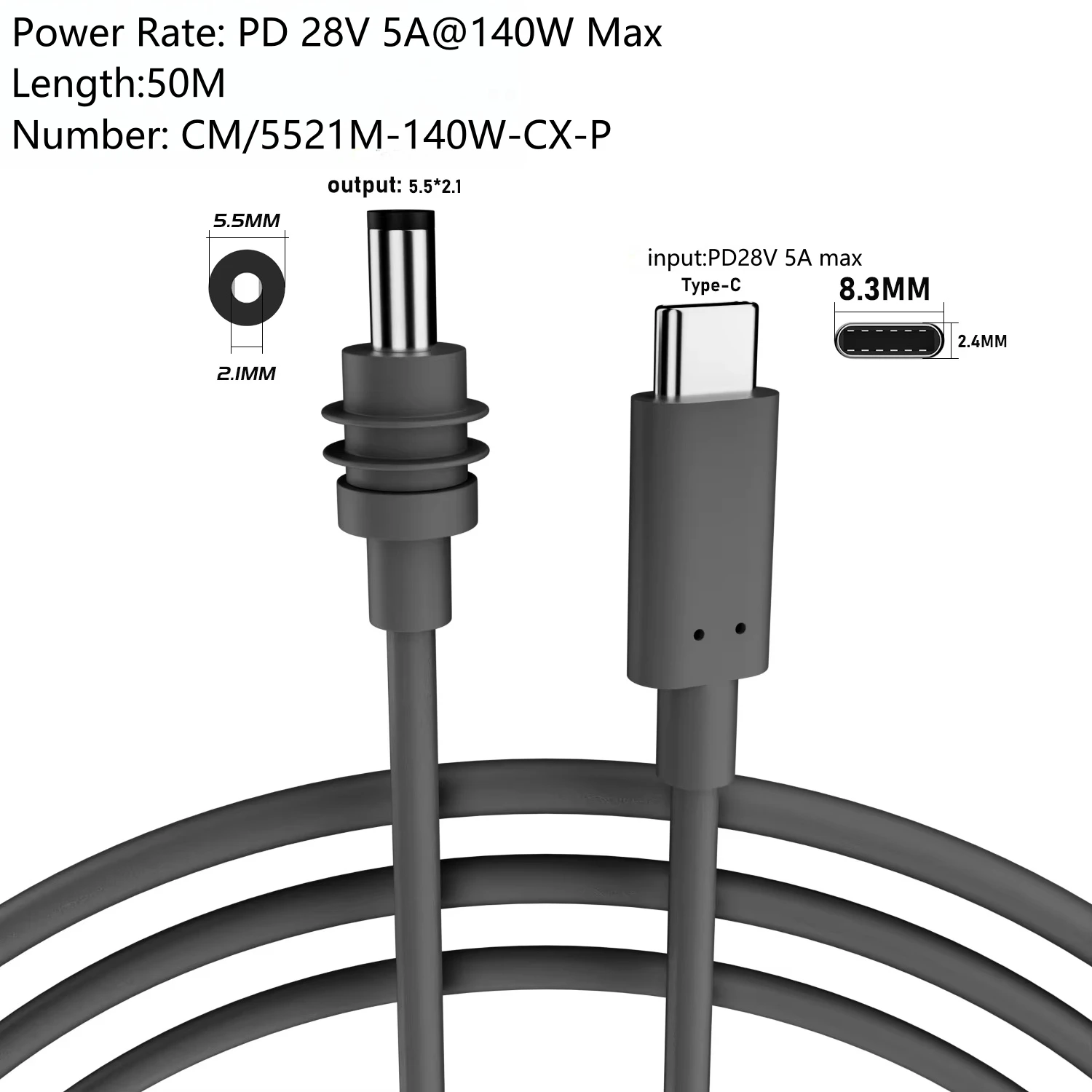 50M Starlink Mini USB C to DC Cable 140W PD 28V 5A 16AWG Fast Charging Wires Customized Length Waterproof Mini DC Charging Cable