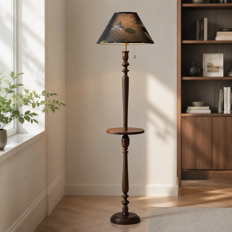 Retro French Fabric Floral Embroidered Shade Turned Column With Display Shelf For Living Room Bedroom Reading Corner Floor Lamp