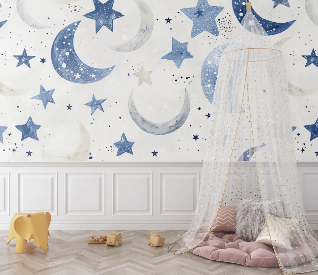 Customized Size 3D Mural Wallpaper Cartoon Cloud Star Moon for Baby Room Kindergarten Children's Room Decor