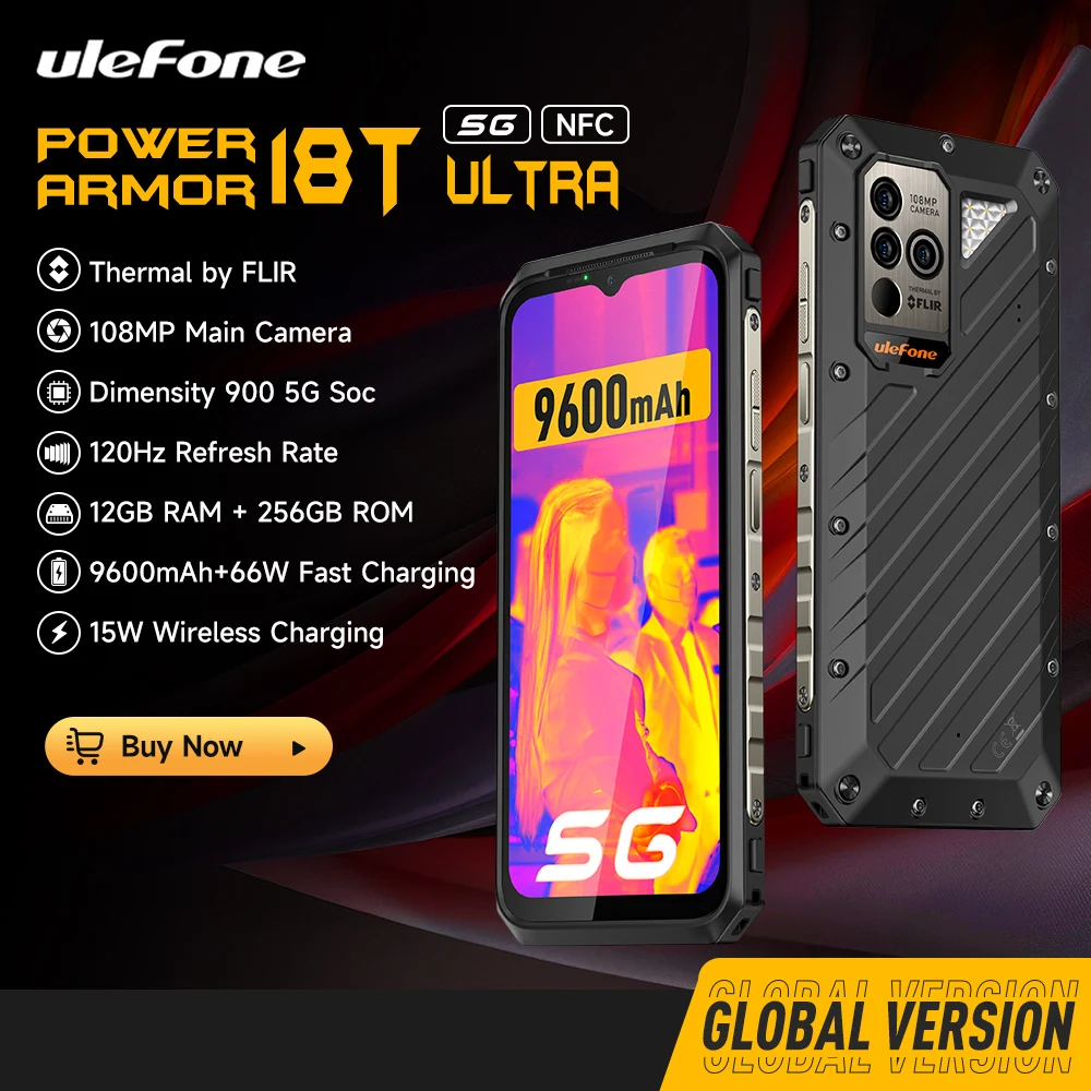 هاتف Ulefone Power Armor 18T Ultra 5G Rugged الذكي بتقنية التصوير الحراري من FLIR® بسعة 256 جيجابايت/512 جيجابايت وبطارية 9600 مللي أمبير في الساعة وقوة 66 وات - هاتف محمول بتقنية التصوير الحراري العالمي