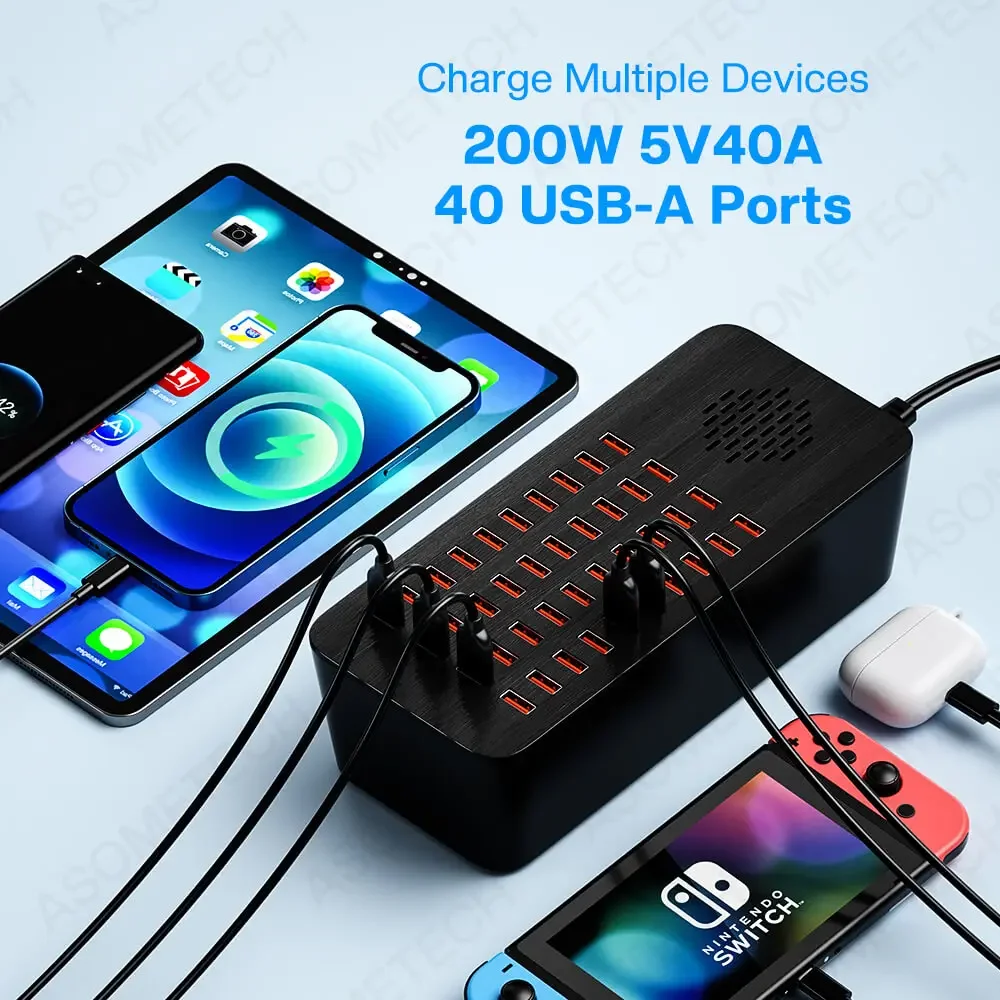 USB Charger Multiple Ports 200W 40A 40 Port USB Charging Station Phone Charger Adapter Multi Charger For iPhone Samsung Xiaomi