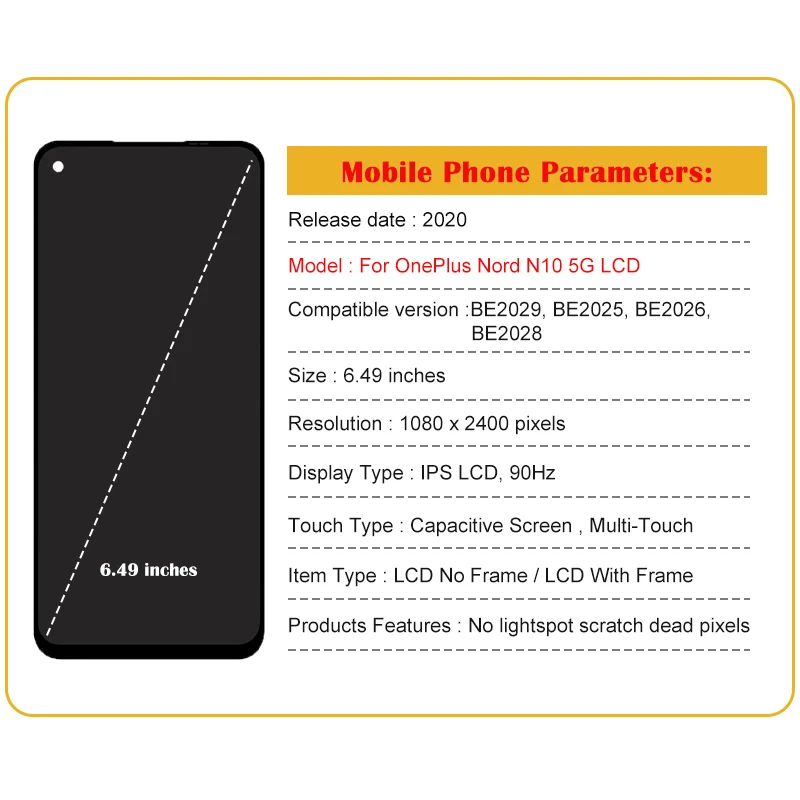 6.49\'\' For OnePlus Nord N10 5G LCD Display With Frame Touch Screen Panel Digitizer For 1+N10 BE2029 BE2025 LCD Replacement Parts