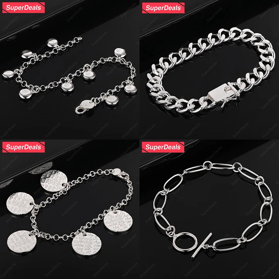 

SuperDeals 925 Sterling Silver Solid Round Oval Chain Cuban Chain Bracelet Women Valentine's Day Party Fashion Trend Jewelry