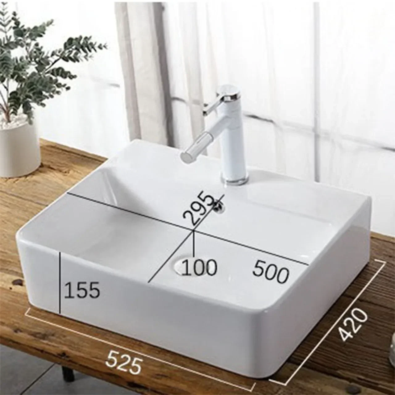 S305 Bathroom Countertop Basin Balcony Wash Basin Ceramic Hand Wash Sinks White Art Basin Square Bathroom Sinks 470*470*150mm