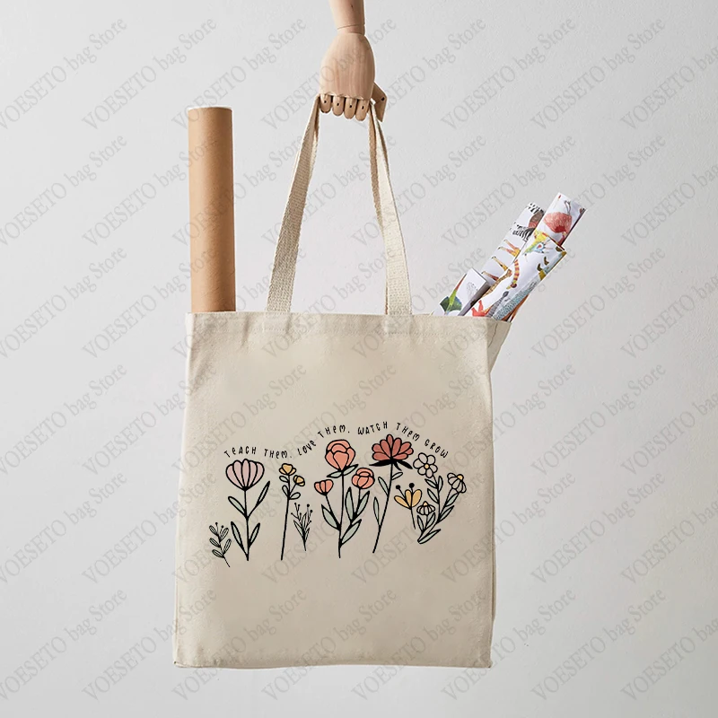 Teach Them Love Them Watch Them Grow Floral Pattern Tote Bag Floral Casual Canvas Shoulder Bag Teachers Gifts Women Shopping Bag