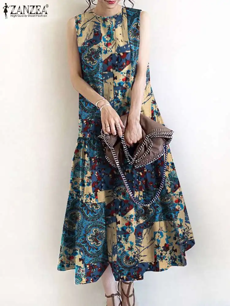 ZANZEA Women Bohemian Holiday Midi Dress Casual Loose Party Vestido Vintage Summer Sleeveless Floral Printed Sundress Robe Femme