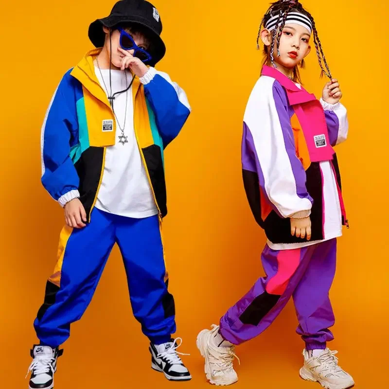 Boys Hip Hop Contrast Coat Girls Jazz Joggers Clothes Set Kids Street Dance Patchwork Jacket Sweatpants Child Costume Streetwear