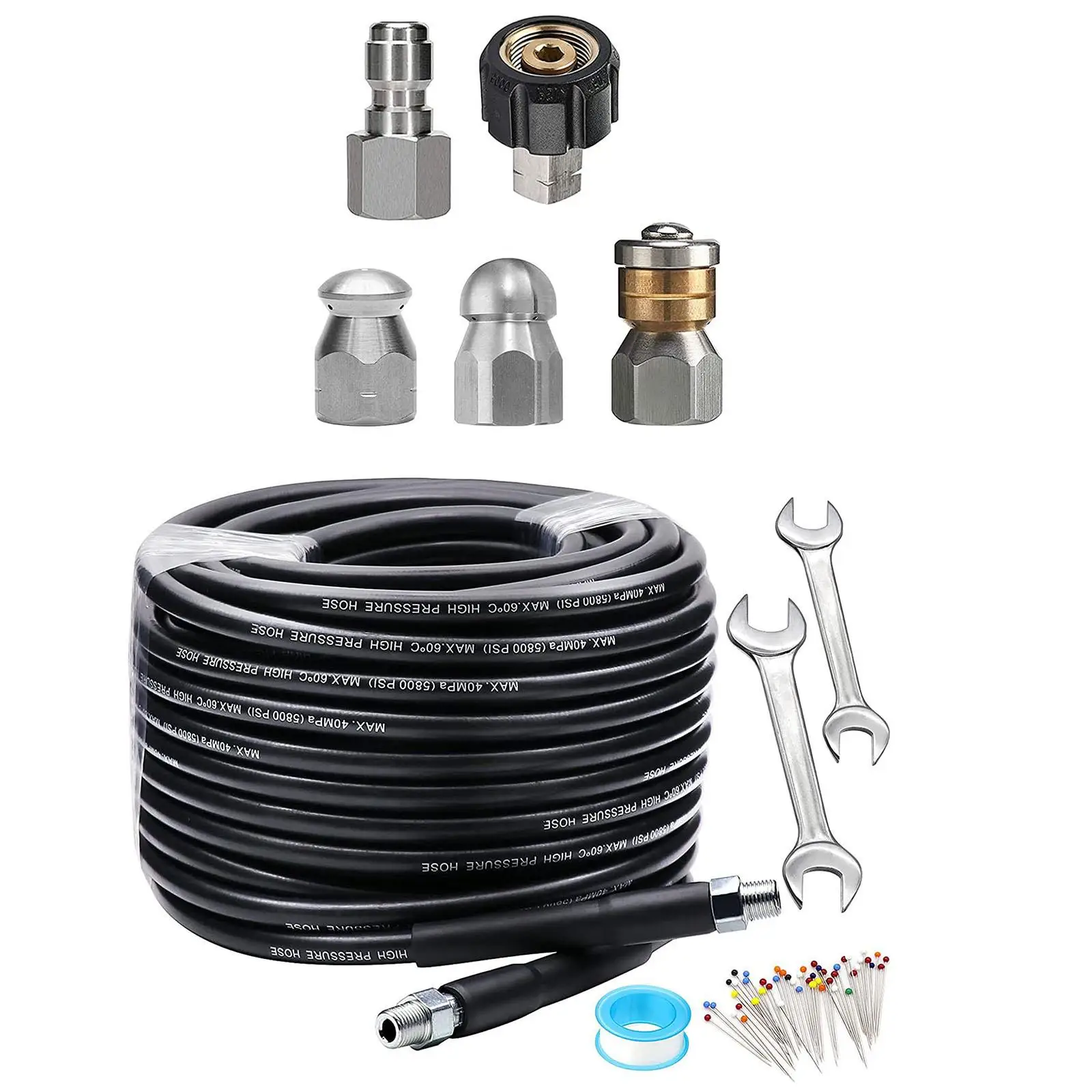 30M Sewer Jetter Kit for Pressure Washer with Corsage Pins 1/4 inch NPT for Sinks Indoor Outdoor Cleaning Car Toilets Motorcycle