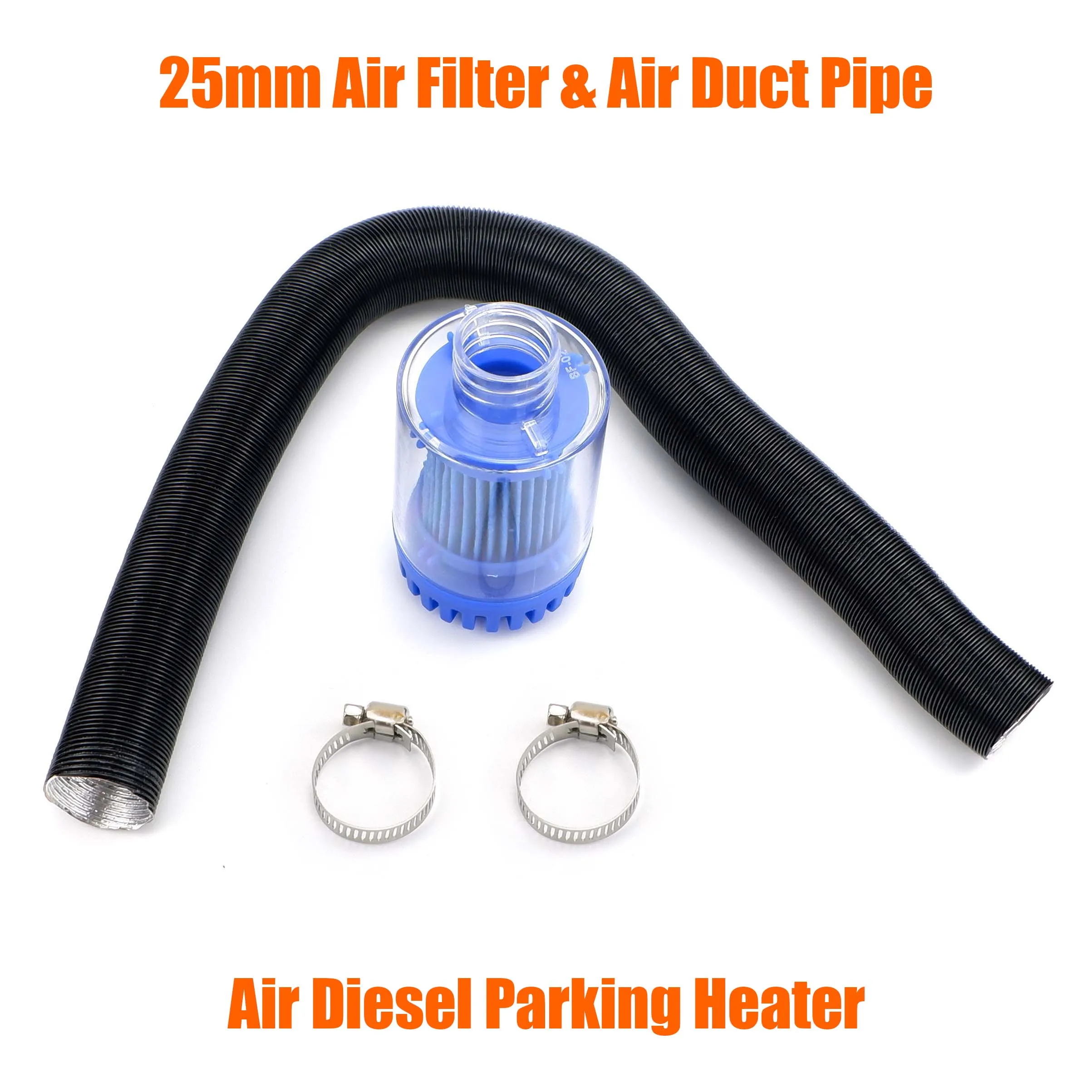 25mm Air Diesel Heater Intake Filter Silencer + Intake Duct Pipe Stretch Length 60cm + 2x Clips For Car Truck Caravan D