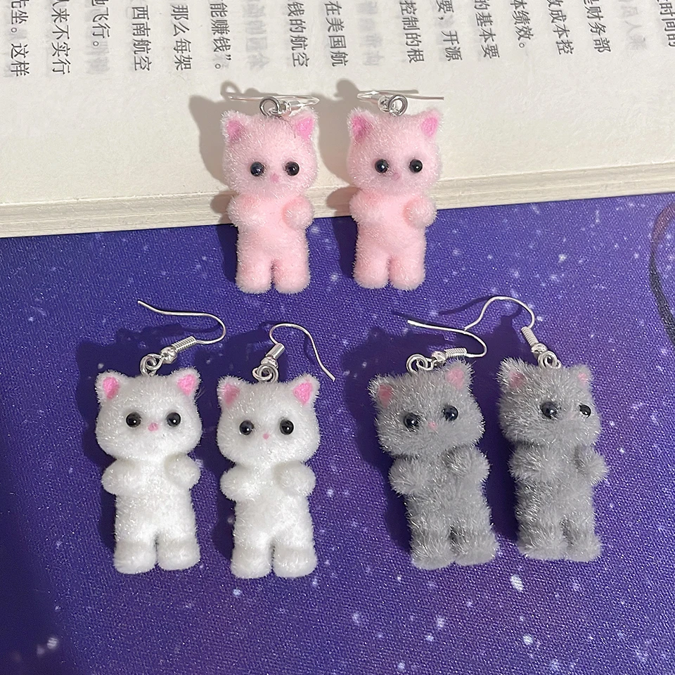 Cute 3D Resin Kitten Dangle Earrings for Women Korean Version Cartoon Flocking Animal Sweet Earrings Party Jewelry image 3