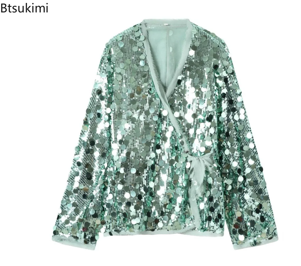 

New Women's Fashion Lace-Up Sequin Patchwork Kimono V-Neck Long-Sleeve Loose Jacket Lady Spring Collection High Street Outerwear