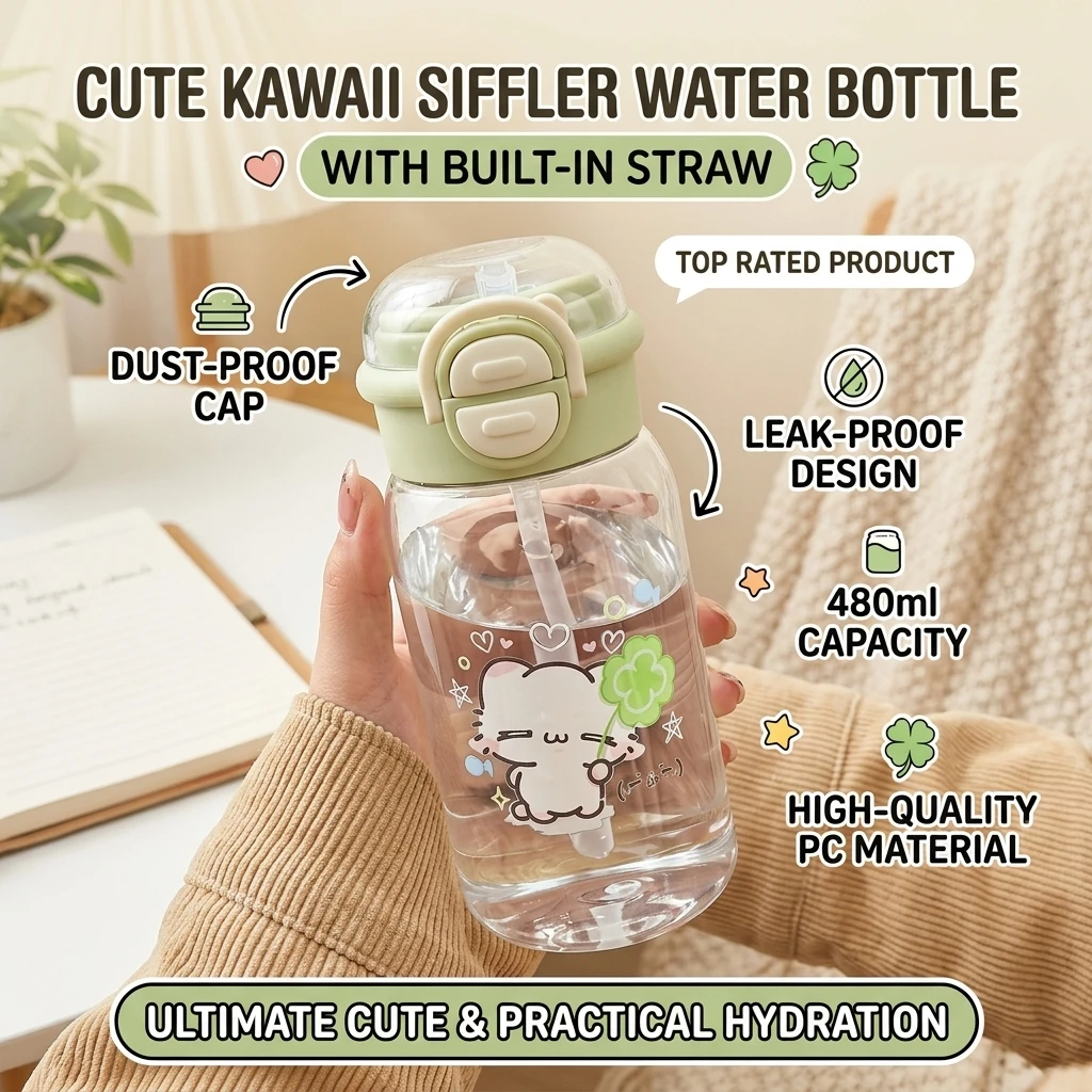 Cute Cartoon Character Plastic Water Cup With Straw, Heat-resistant And Anti Drop, Student Portable Double Drinking Cup 500ml