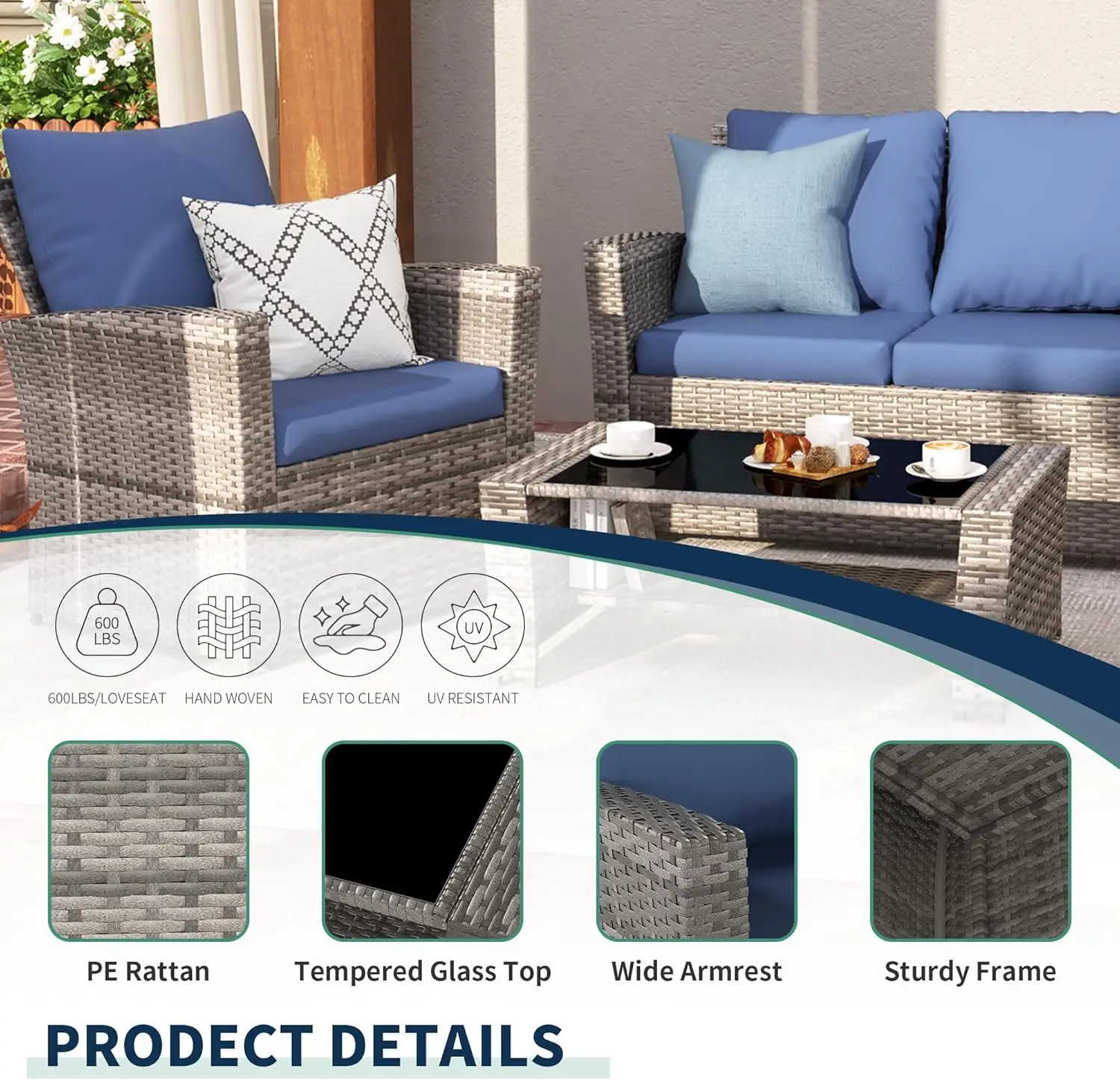 Wicker Patio Furniture Set, 4 Piece Outdoor Sectional Sofa Sets, Gray PE Rattan Patio Conversation Set for Balcony, Porch, Navy